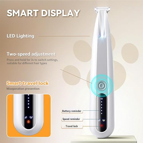 The MOONEON trimmer's HD display showing battery, speed, and travel-lock indicators with the LED light switched on