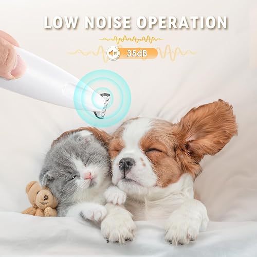 MOONEON marketing image showing the trimmer's low-noise operation beside a sleeping puppy and kitten