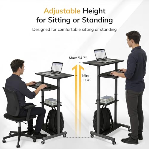 Mount-It Rolling Standing Desk side view showing four-tier shelf layout