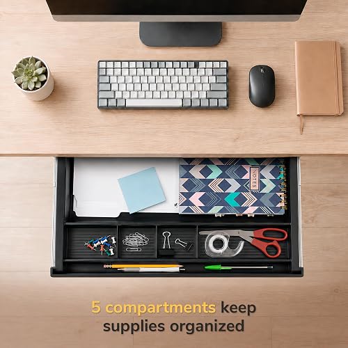 Overhead product photo of the MOUNT-IT! Under Desk Pencil Drawer open beneath a desk, showing five compartments holding paper, sticky notes, pens, clips, and scissors