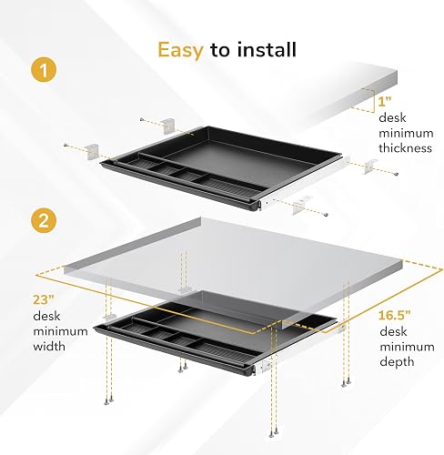 MOUNT-IT! installation diagram showing the two-step mount and the desk minimums: 1 inch thickness, 23 inch width, and 16.5 inch depth