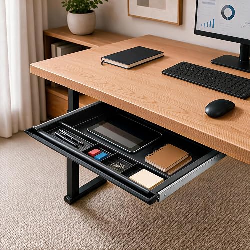 The MOUNT-IT! Under Desk Pencil Drawer slid open under a wood desk, holding pens, a notebook, sticky notes, and binder clips