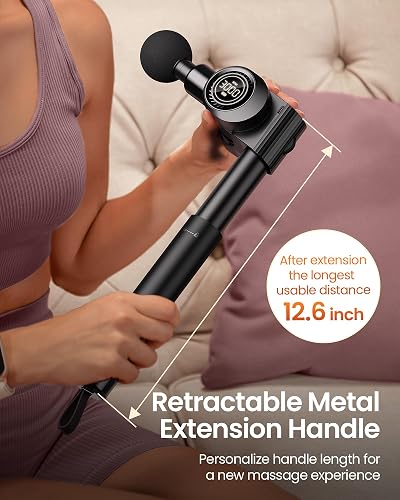The NAPRE massage gun folded down with its six interchangeable heads and hard carry case