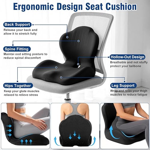 The Nisuez car seat cushion's labeled ergonomic design, showing the contoured seat and integrated backrest