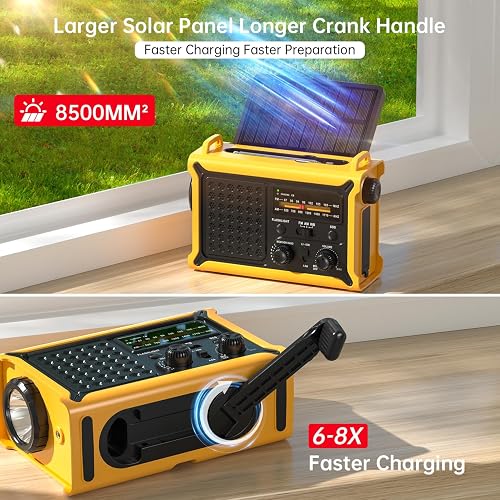 Product panel highlighting the lifted 8500mm2 solar panel and fold-out hand crank, with the manufacturer's 6-8x faster-charging claim