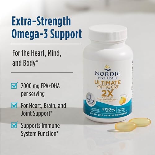 Nordic Naturals Ultimate Omega 2X lemon-flavored soft gels next to the bottle