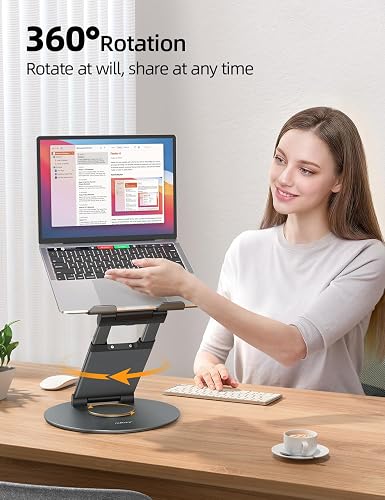 Nulaxy Telescopic 360 Rotating Laptop Stand shown at desk height with a laptop