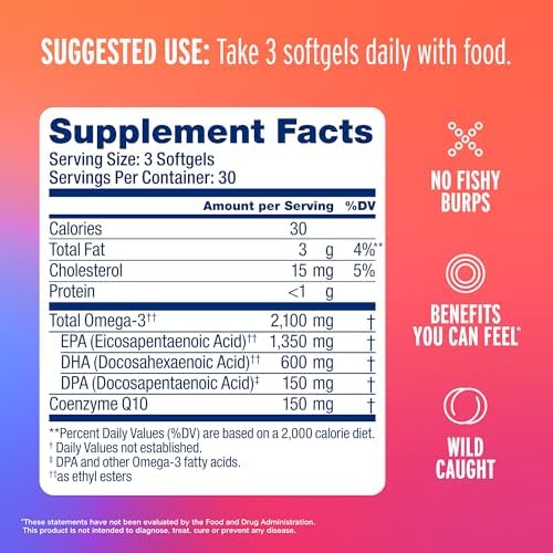 OceanBlue Omega-3 2100 with CoQ10 orange softgels and supplement facts