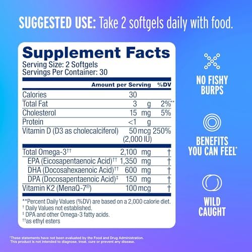 OceanBlue Professional Omega-3 2100 with Vitamin K2 and D3 bottle and orange softgels