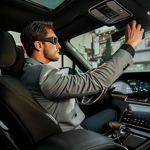 OhO product panel showing a driver wearing the audio sunglasses with both hands free at the wheel