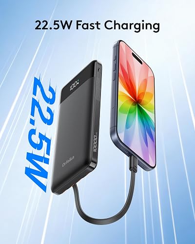 Orfeika 10000mAh portable charger with its four built-in cables
