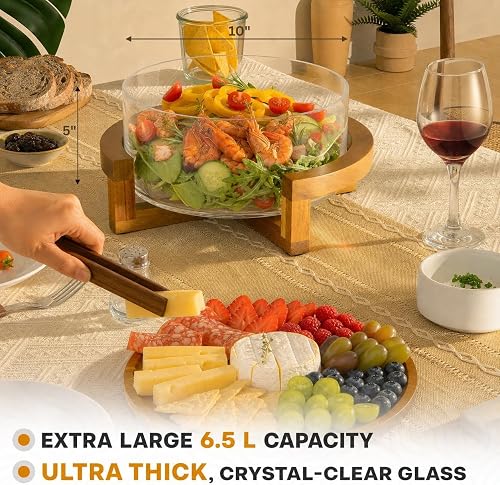 Oria Cook's product diagram marking the glass bowl at 10 inches wide and 5 inches tall alongside the 6.5 L capacity claim