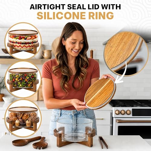 The Oria Cook acacia wood lid lifted off the glass bowl, showing the silicone sealing ring on its underside