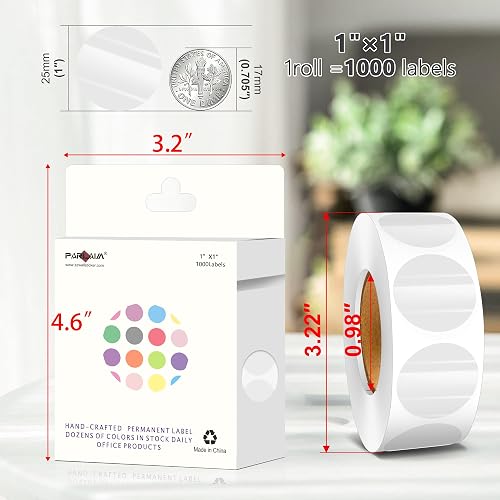 PARLAIM size chart showing each clear dot at 1 inch next to a dime, with 1,000 labels per roll