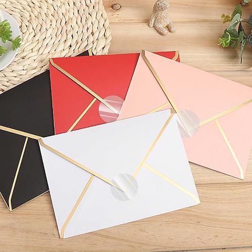 Transparent PARLAIM dots sealing the flaps of black, red, pink, and white envelopes