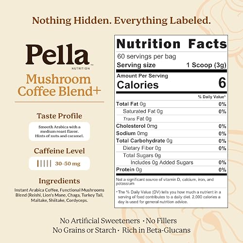 Pella mushroom coffee label showing a 30-50 mg caffeine level alongside nutrition facts for 60 servings