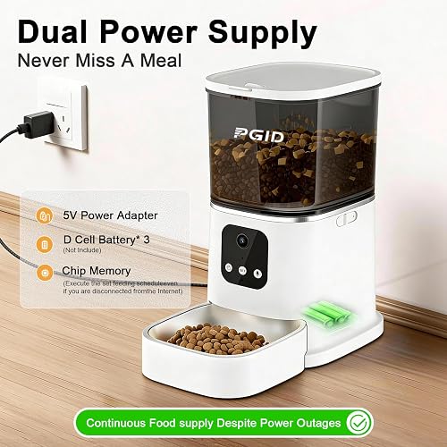 The PGID feeder runs on a 5V adapter with three D-cell backup batteries to keep feeding during outages