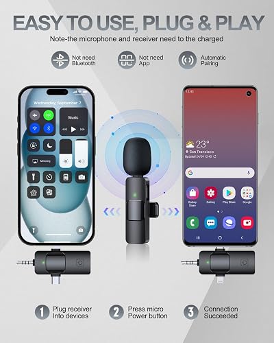 PQRQP wireless lavalier microphone receiver shown plugging into an iPhone and an Android phone, with the three-step plug and play sequence