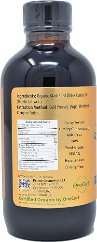 Prime Natural Organic Black Seed Oil bottle and label showing the 1.7% thymoquinone content
