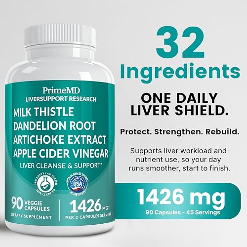 PrimeMD 32-in-1 liver support bottle showing the supplement facts panel
