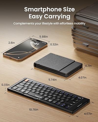 Size comparison showing the XK04 folded to 5.74 inches and unfolded to 10.76 inches