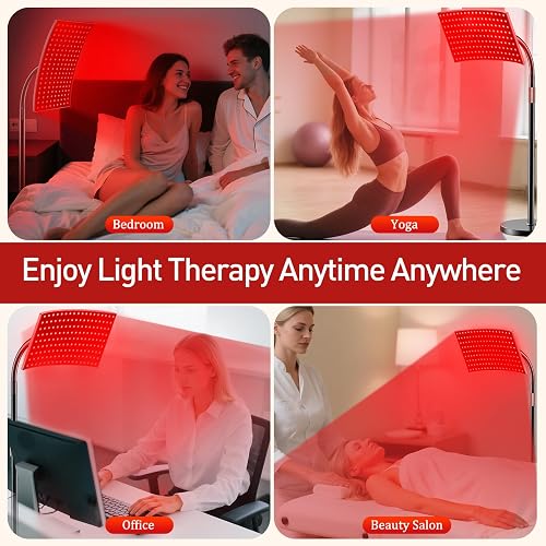 Puroth red light therapy lamp shown in bedroom, yoga, office, and salon settings on its adjustable floor stand