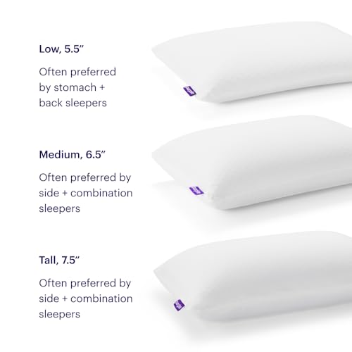Purple Harmony Pillow three loft heights comparison showing Low, Medium, and Tall options