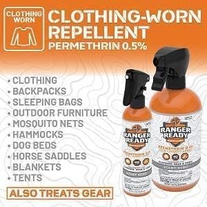 Ranger Ready permethrin 0.5% bottles beside a list of treatable gear including backpacks, sleeping bags, hammocks, and tents