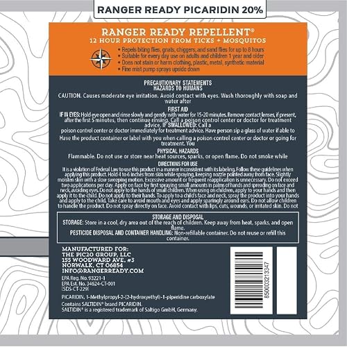 Back label of the Ranger Ready Picaridin 20% bottle listing 12-hour tick and mosquito protection, precautionary statements, and directions for use