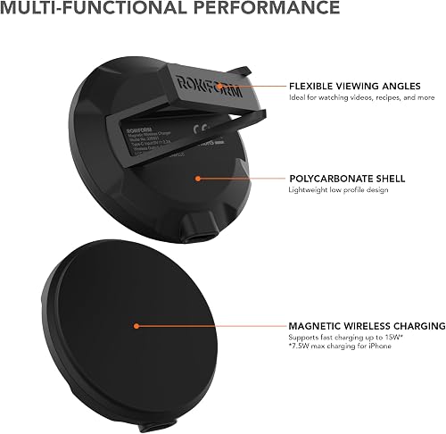 Rokform charger with its braided USB-C cable and foldout stand