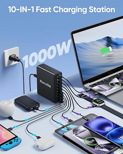 The Roruite 800W charging station marketing panel showing a 120W USB-C port charging a laptop