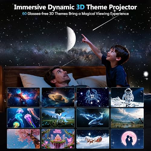 Rossetta Mini 3D Galaxy Projector listing panel showing 60 glasses-free 3D themes including galaxy, Saturn, astronaut, and dinosaur scenes