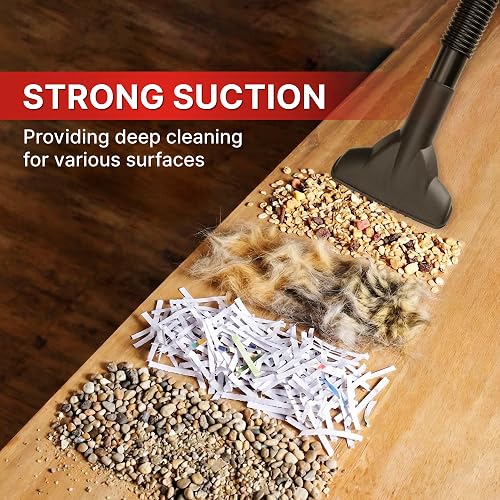 Shop-Vac 1.5 Gallon Wet/Dry Vacuum product image showing strong suction pulling up gravel, pet hair, and shredded paper