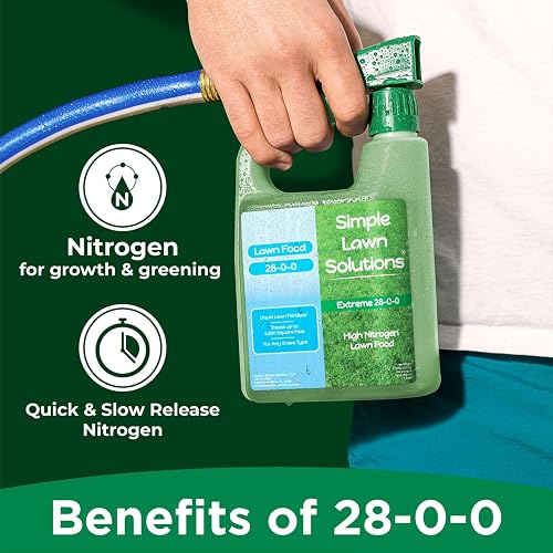 Simple Lawn Solutions graphic listing the benefits of the 28-0-0 formula, including nitrogen for growth and greening and quick plus slow release nitrogen