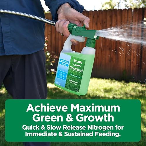 Simple Lawn Solutions product image showing the 28-0-0 bottle spraying from its attached hose-end sprayer for maximum green and growth