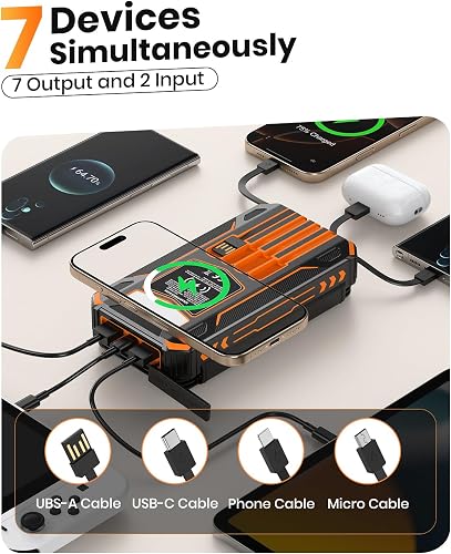 SOARAISE solar power bank charging seven devices at once with its built-in cables and wireless pad