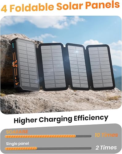 SOARAISE solar power bank with its four foldable solar panels fanned out in the sun