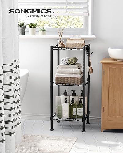 SONGMICS 3-Tier Bathroom Shelf shown holding towels and toiletries