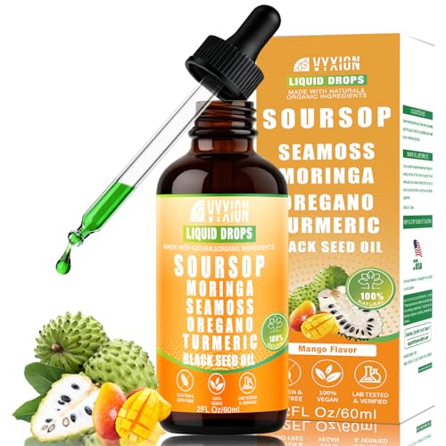 Vyxion Soursop Bitters Liquid Drops 2 oz mango bottle showing 10-in-1 herbal label