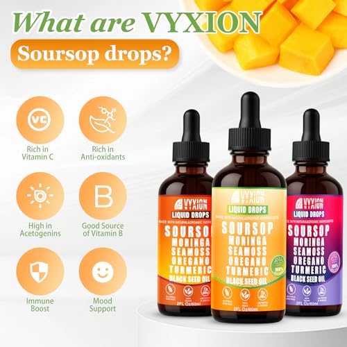 Vyxion Soursop Bitters bottle next to dropper for daily routine use