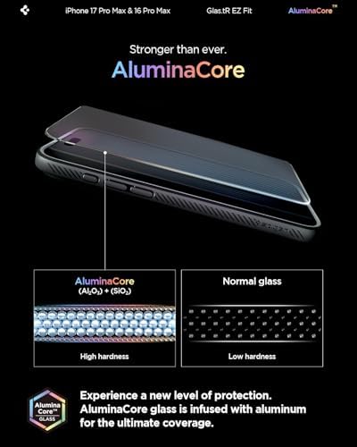 Close-up of the AluminaCore tempered glass clarity on an iPhone screen