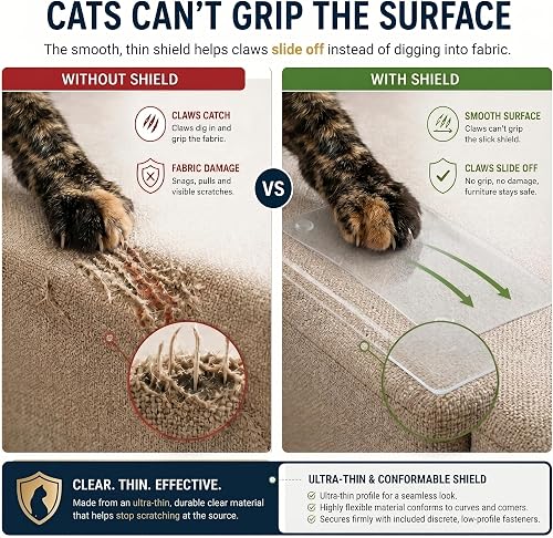Diagram showing cat claws sliding off the smooth Stelucca shield versus catching on bare fabric