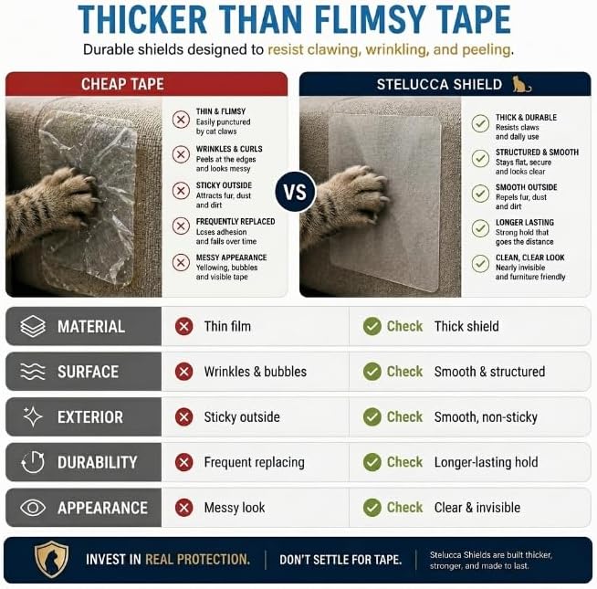 Comparison panel contrasting thin cat scratch tape with the thicker Stelucca shield