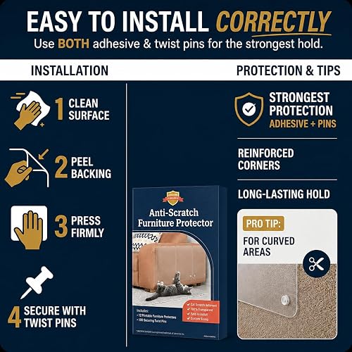 Four-step install guide: clean the surface, peel the backing, press firmly, and secure with twist pins