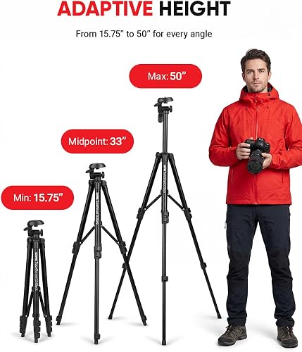 Sunpak TravelSmart 50 product panel showing the adjustable height range from 15.75 to 50 inches