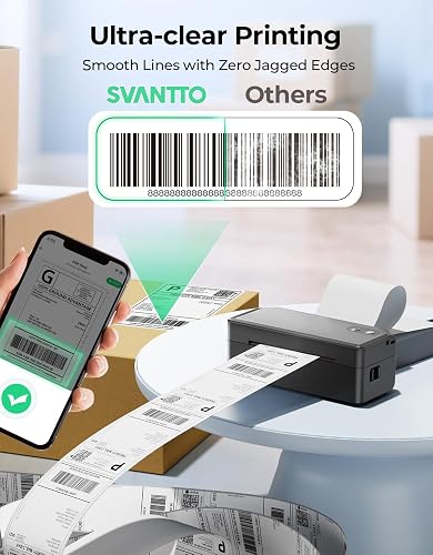 The compact SVANTTO Y42BT label printer next to printed labels on a desk