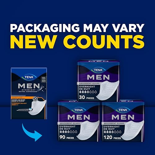TENA Men Overnight Extra Coverage guard box next to packs showing 30, 90, and 120 count options