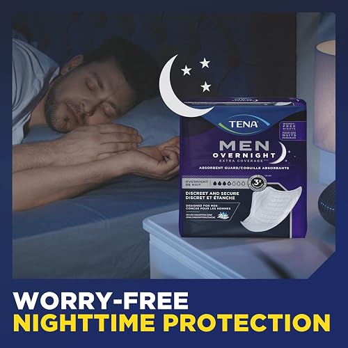 A man sleeping beside a pack of TENA Men Overnight Extra Coverage guards promising worry-free nighttime protection