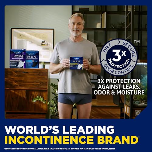 A man holding a pack of TENA Men guards beside a 3X protection claim for leaks, odor, and moisture