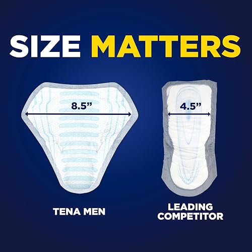 TENA Men guard shown at 8.5 inches wide next to a narrower 4.5-inch competitor guard on TENA packaging